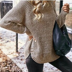 Khaki Casual Women's Turtleneck Raglan Sleeve Sweater